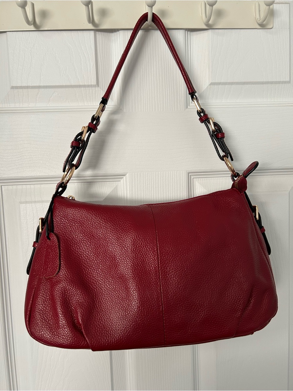 Rich Red Pebbled Leather Shoulder Bag with Gold-Tone Accents